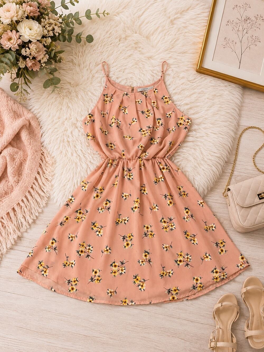 Papaya Women’s L Blush Pink Floral Halter Midi Dress Fit Flare